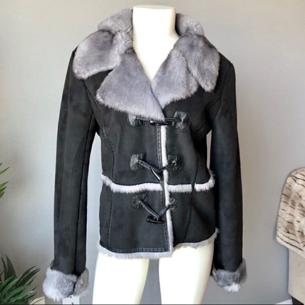 Pasha & Jo Black Suede Jacket with Gray Faux Fur Trim